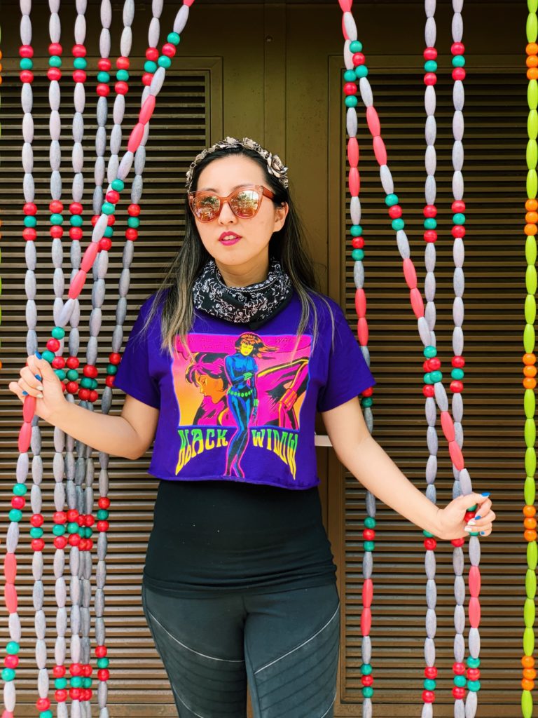 Festival-ready outfit featuring a purpled cropped Black Widow T-Shirt.